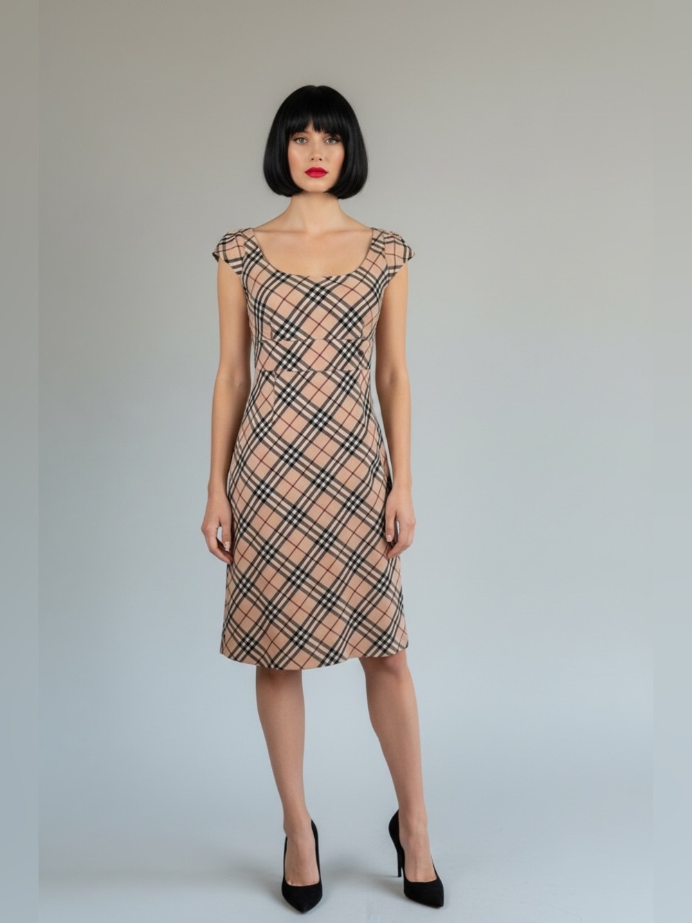 Burberry Beige & Black Plaid Cap-Sleeve Midi Dress